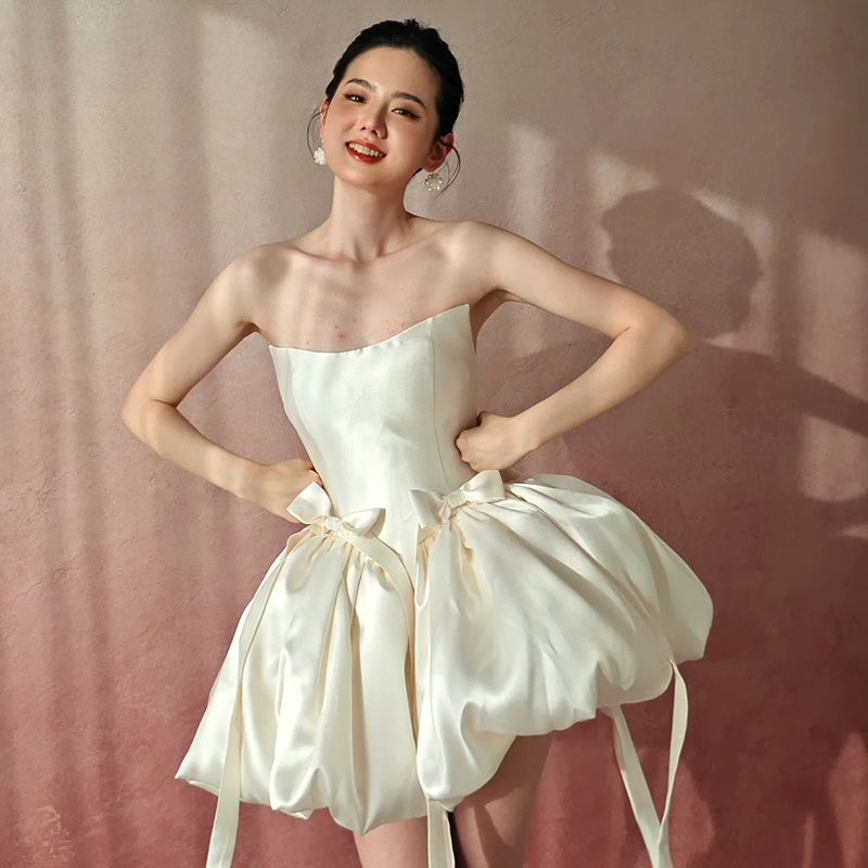Engagement Dress, Coming-Of-Age Ceremony Dress, Ballet Wedding Dress, Short Skirt, Simple Satin Tube Top, Girl Group Performance Dress, Morning Gown