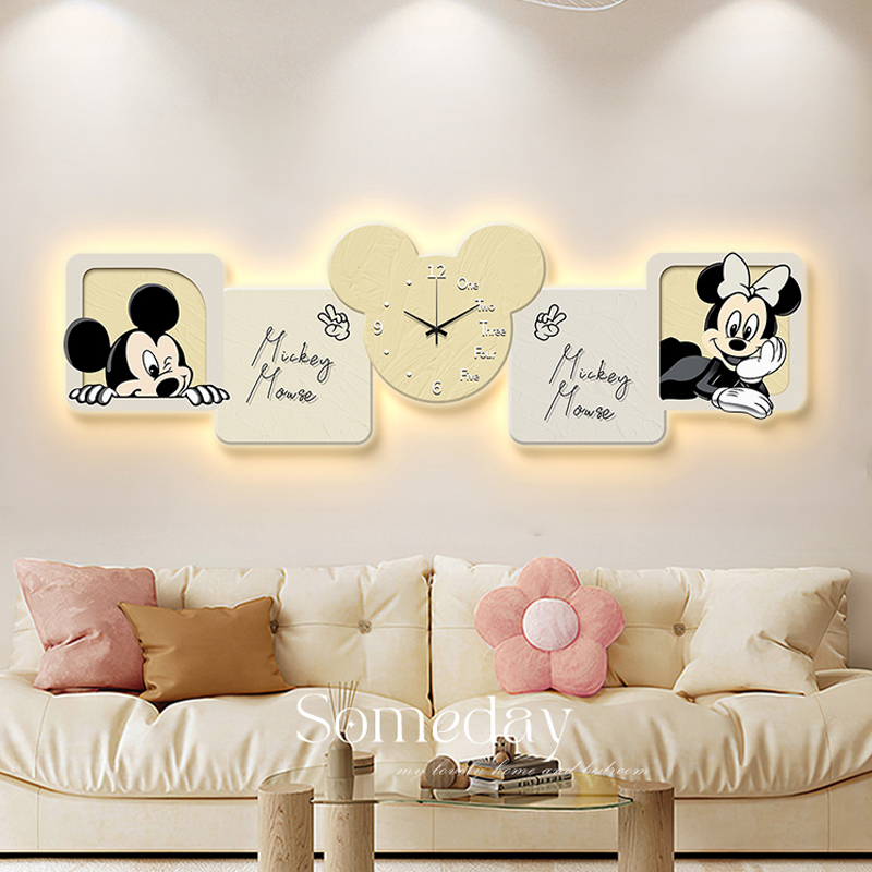 Cream Wind Mickey Clock Hanging Clock Living Room Sofa Background Wall Hanging Painting 2023 New Nets Red Creative Clock Wall Lights-Taobao