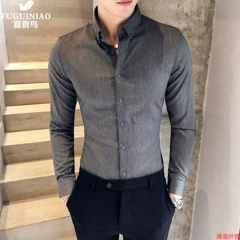Fugui bird men's shirt long sleeve Korean version slim fit light lavish trend handsome and free ironing business positive clothing inch shirt