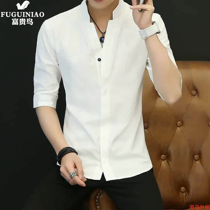 Fugui bird men's pure cotton long sleeve shirt Han version sashimi 70% sleeve inch cardiovert summer casual short sleeve shirt