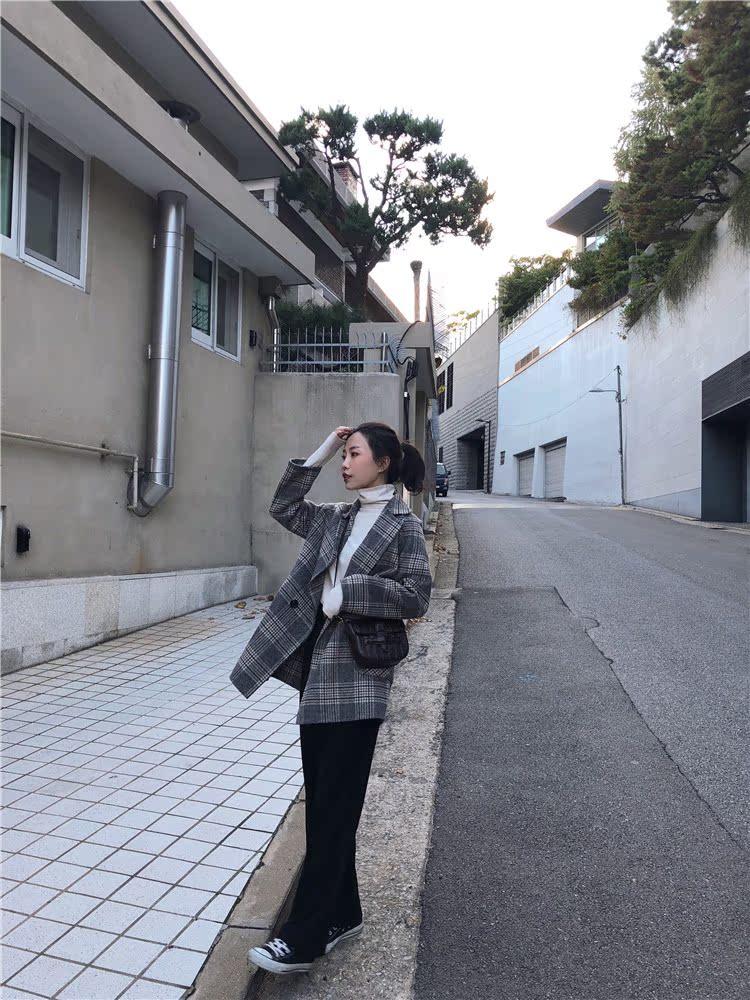 Một fishstudio cá muối houndstooth blazer ấm áp đầy đủ len giản dị retro hai mặt áo khoác nữ de thương
