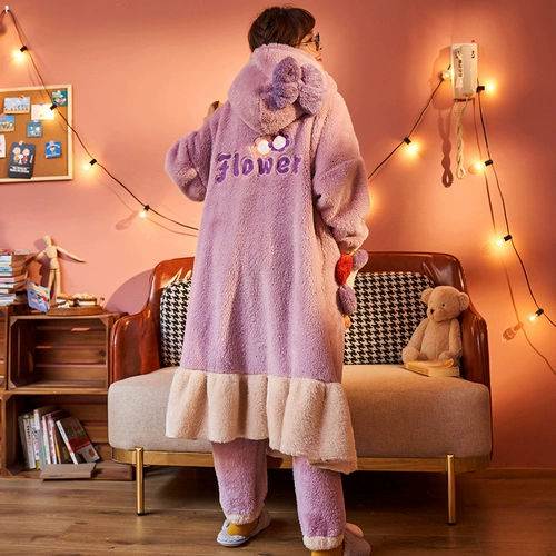 Демисезонная коралловая бархатная милая фланелевая пижама, флисовый банный халат, оверсайз, увеличенная толщина