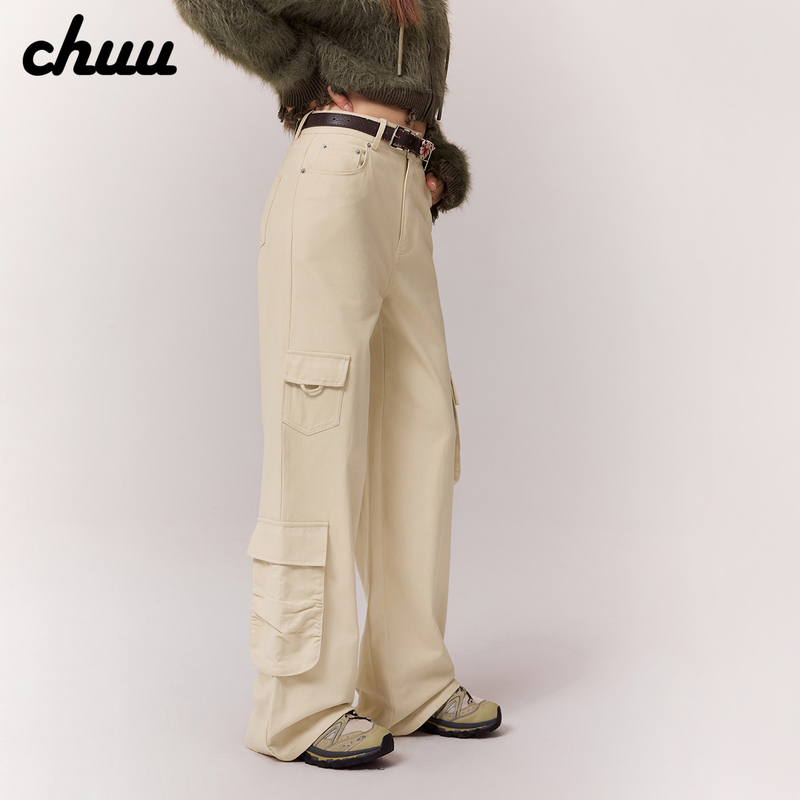Chuu Workwear Casual Pants for Women 2026 Spring and Autumn New High-Waisted Retro Multi-Pocket Sports Drape Straight-Leg Long Pants