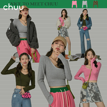 CHUU striped short T-shirt woman 2022 early spring new products Korean teas slim fit slim large V collar long sleeve blouse