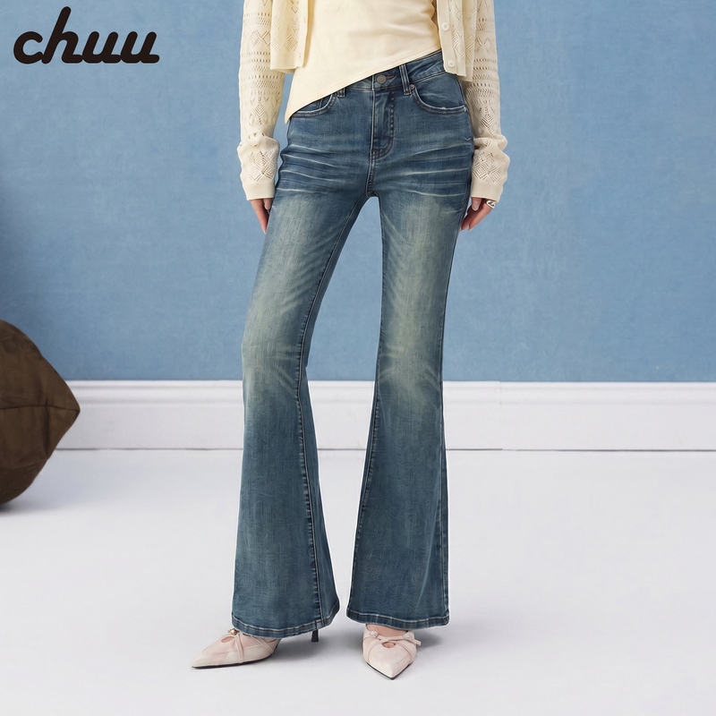 Chuu Washed White Denim Jeans for Women, 2026 Autumn New Collection, Distressed Low-Waist Versatile Flared Long Pants Chuu Washed White Denim Jeans for Women, 2026 Autumn New Collection, Distressed Low-Waist Versatile Flared Long Pants