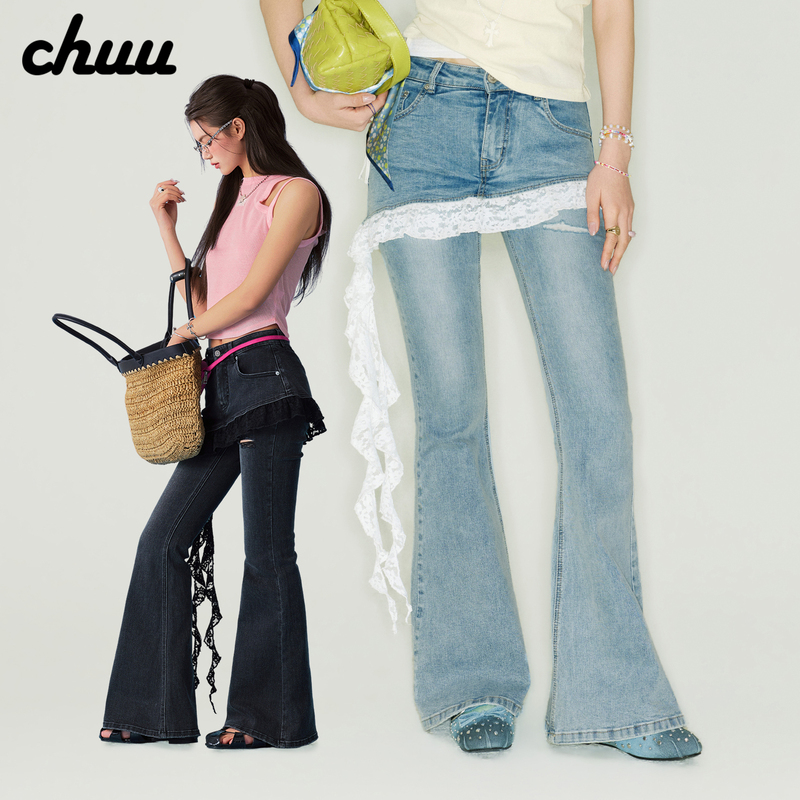 [Same Style as Ye Shuhua] Chuu Ripped Flared Jeans 2026 Faux Two-Piece Lace Trim Low-Waist Long Pants