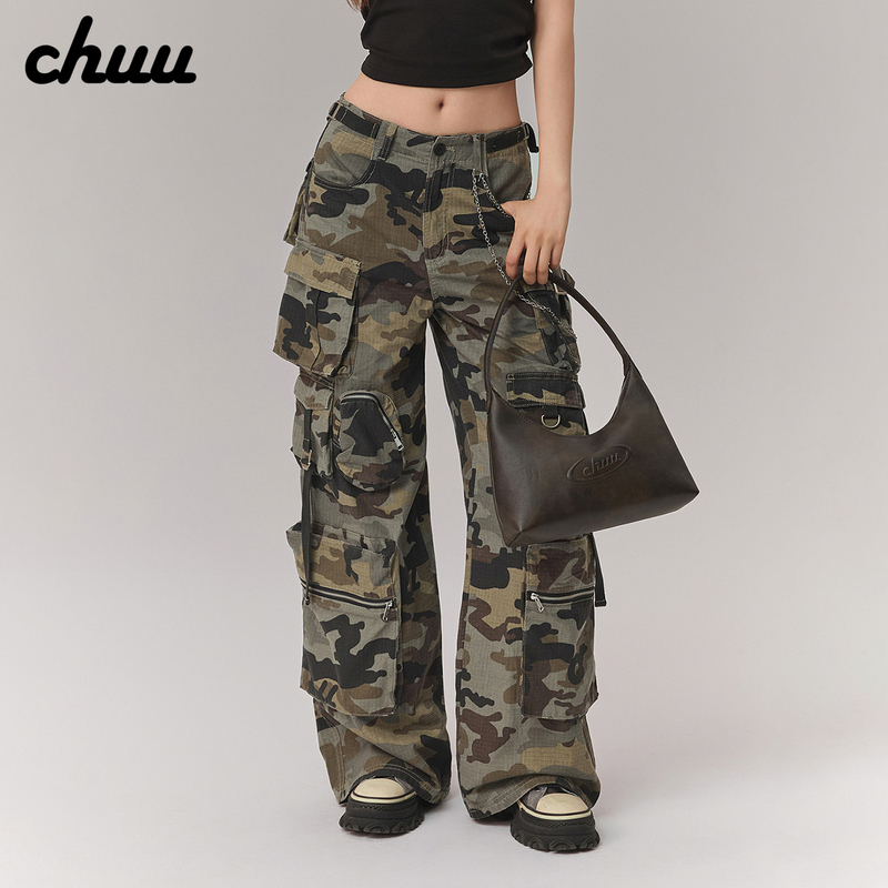 Chuu Camouflage Wide-Leg Casual Pants for Women 2026 Spring and Autumn New Asymmetric Multi-Pocket Workwear Straight Long Pants Chuu Camouflage Wide-Leg Casual Pants for Women 2026 Spring and Autumn New Asymmetric Multi-Pocket Workwear Straight Long Pants