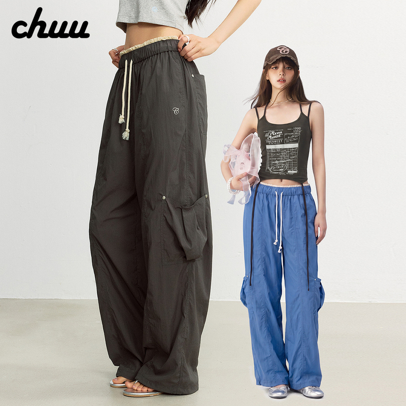 [Same Style as Wang Bingbing] Chuu Lace Patchwork Casual Pants for Women 2026 Summer Elastic Waist Letter Cargo Pants