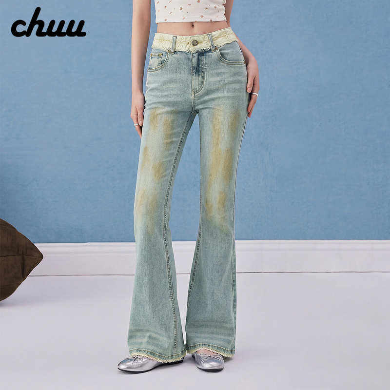 Chuu Slim Fit Flared Jeans for Women, 2026 Summer New Collection, Age-Reducing Lace Trim, Distressed and Faded Long Pants