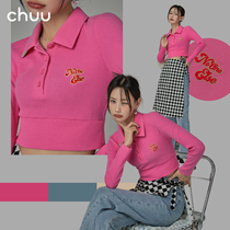 CHUU fashion polo collar letter embroidery T-shirt woman 2022 spring new body foreign air short blouses