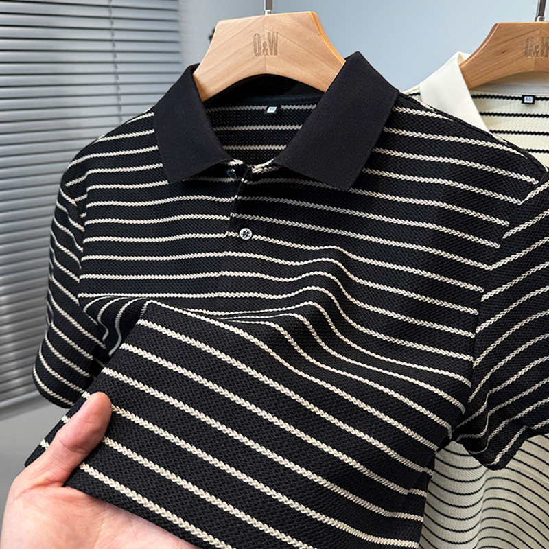 Black and White Striped Short-Sleeved T-Shirt for Men 2026 New Summer Fashion Youth Casual Trendy Polo Shirt Men's Top with Lapel