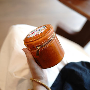 Vintage Handmade Vegetable-Tanned Leather Blanket Patchwork Jewelry Box Large Capacity Portable Genuine Leather Walnut Craft Storage Bag