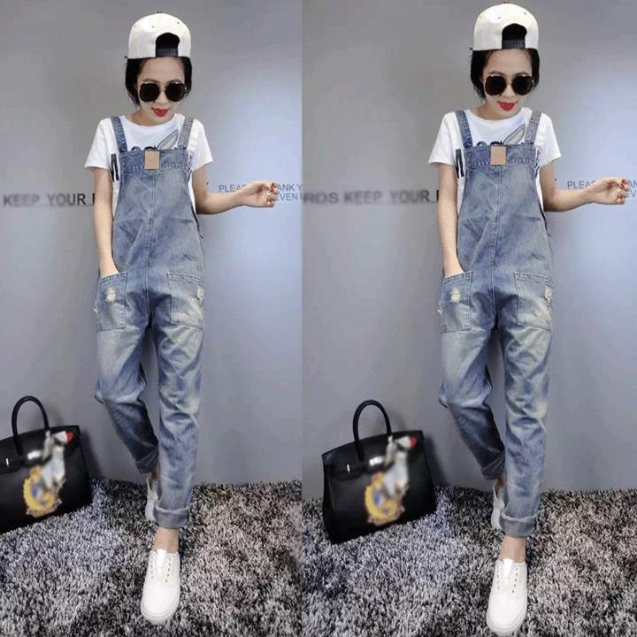 Love clothing beauty trail hole denim baby bag pants women's spring and summer new Korean version loose thin suspender jumpsuit wild