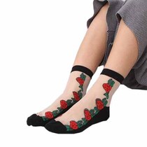 (5 pairs)Autumn and summer socks womens crystal stockings Korean medium tube Rose thin casual womens mid-waist socks