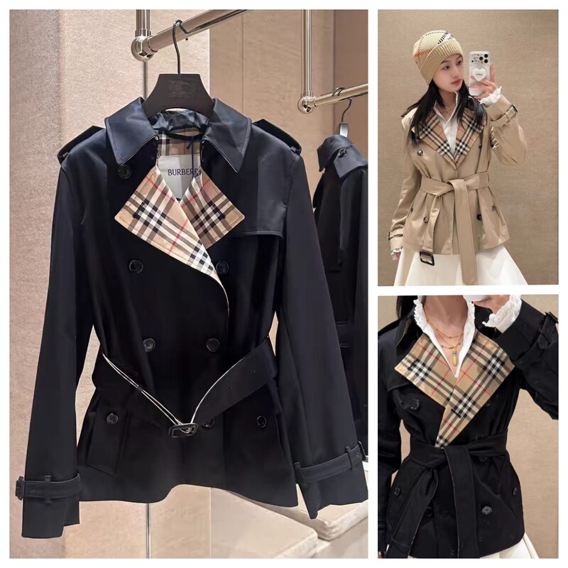 Burberry British Style Double-Breasted Plaid Patchwork Short Trench Coat for Women with a Cinched Waist