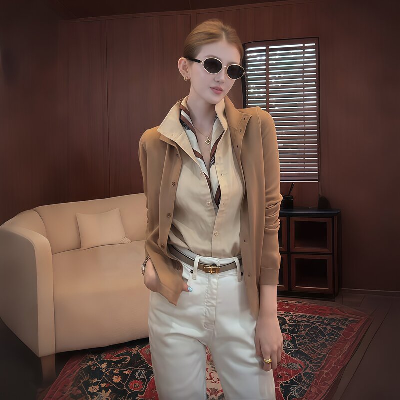 Retro Patchwork Stand-Up Collar Fake Two-Piece Knitted Cardigan Shirt for Women in Early Autumn, High-End Contrasting Color Stand-Up Collar Elegant Work Clothing Shirt Retro Patchwork Stand-Up Collar Fake Two-Piece Knitted Cardigan Shirt for Women in Early Autumn, High-End Contrasting Color Stand-Up Collar Elegant Work Clothing Shirt