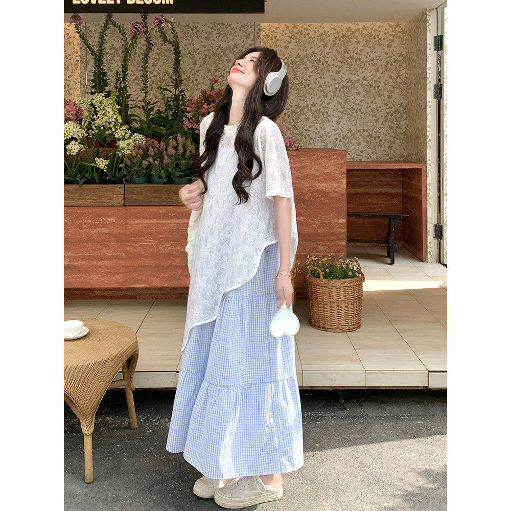 Beautiful and fresh dress for women in summer 2026 new vacation style irregular cover shirt checkered camisole skirt two-piece set