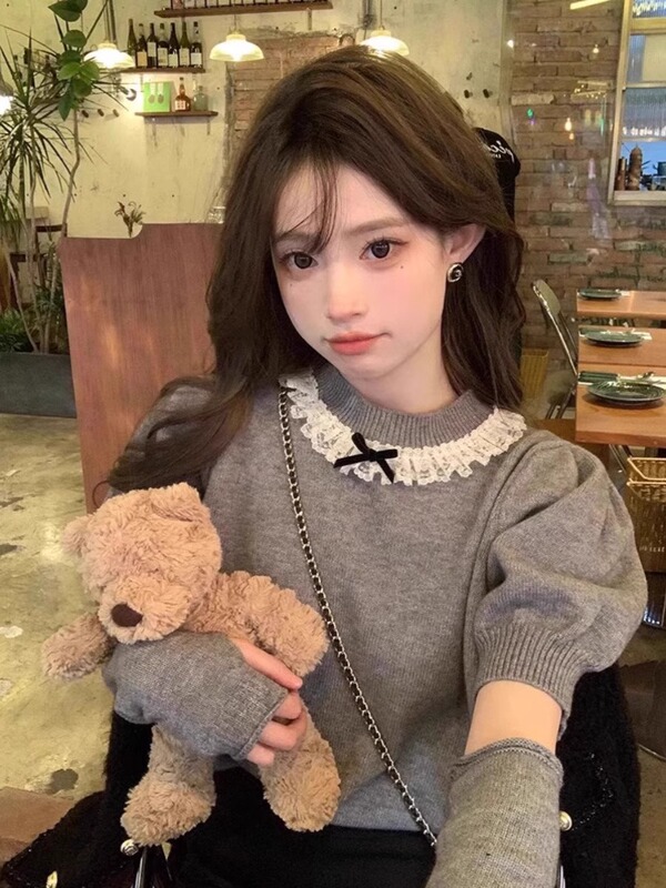French Puff Sleeve Lace Sleeve Sweater for Women, Unique Design, Sweet Top, Knitwear, 2024 Spring and Autumn New Style