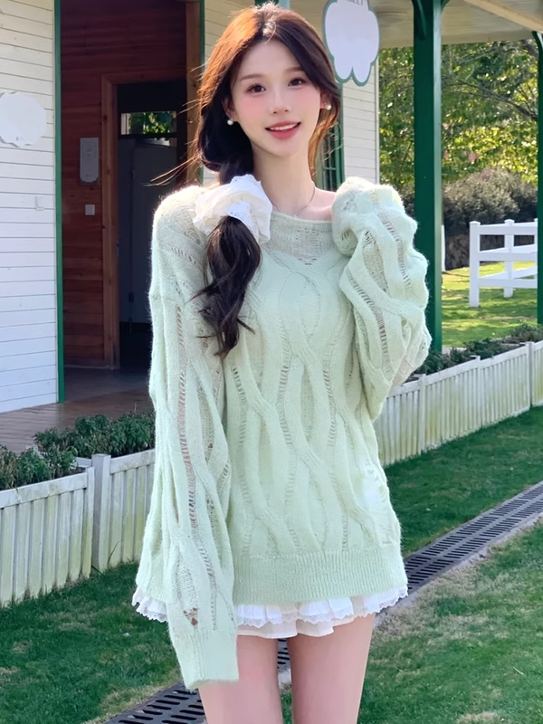 Lazy Style Hollow-Out Knit Sweater for Women, Early Autumn Mint Mambo Style Ripped Cover-Up, Loose Sweater with a Sense of Design