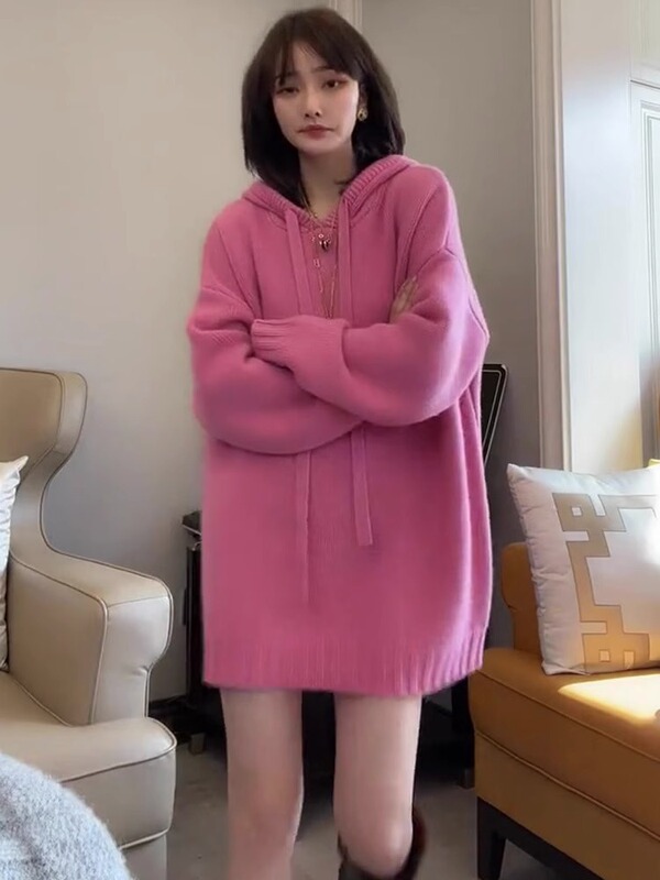 European Style Pink Knitted Hooded Mid-Length Sweater for Women, 2025 Autumn New Loose and Casual Pullover Top, Trendy