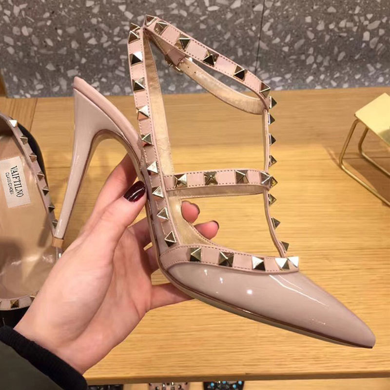 European and American Style Rivet Pointed-Toe High Heels for Women, T-Strap Genuine Leather Sandals, Spring and Summer Stiletto Heels, Bridesmaid Wedding Shoes for Women