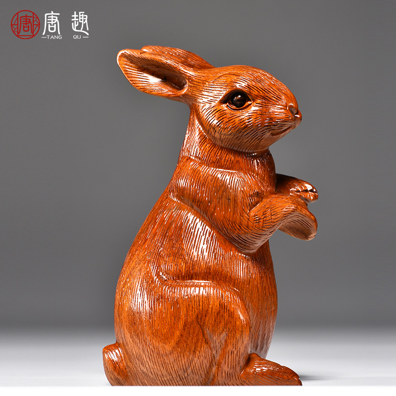 Flowers Pear Wood Carvings Rabbit Pendulum Pieces Solid Wood Quality Animals Zodiac Rabbit Home Living Room Office Decoration Red Wood Handiwork