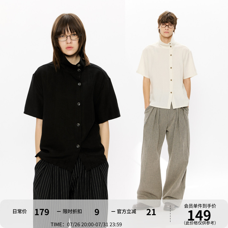 Kreate'Blade' Linen Lyocell Asymmetrical Placket Stand Collar Multi-Shape Short Sleeve Shirt Handmade Contrast Color Button Shirt Kreate'Blade' Linen Lyocell Asymmetrical Placket Stand Collar Multi-Shape Short Sleeve Shirt Handmade Contrast Color Button Shirt