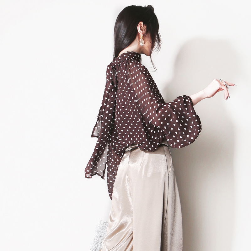 H65 Polka Dot Retro Shirt with Bow Tie at the Back, Drapey and Elegant, Knotted Lantern Long Sleeves, Loose European and American Style Shirt