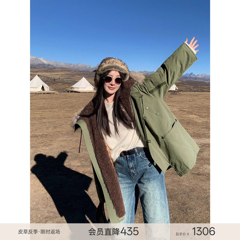Fu Zhi En Coastal Highway Workwear Hooded Raccoon Fur Collar Loose 90 Duck down Parka down Jacket for Women Winter