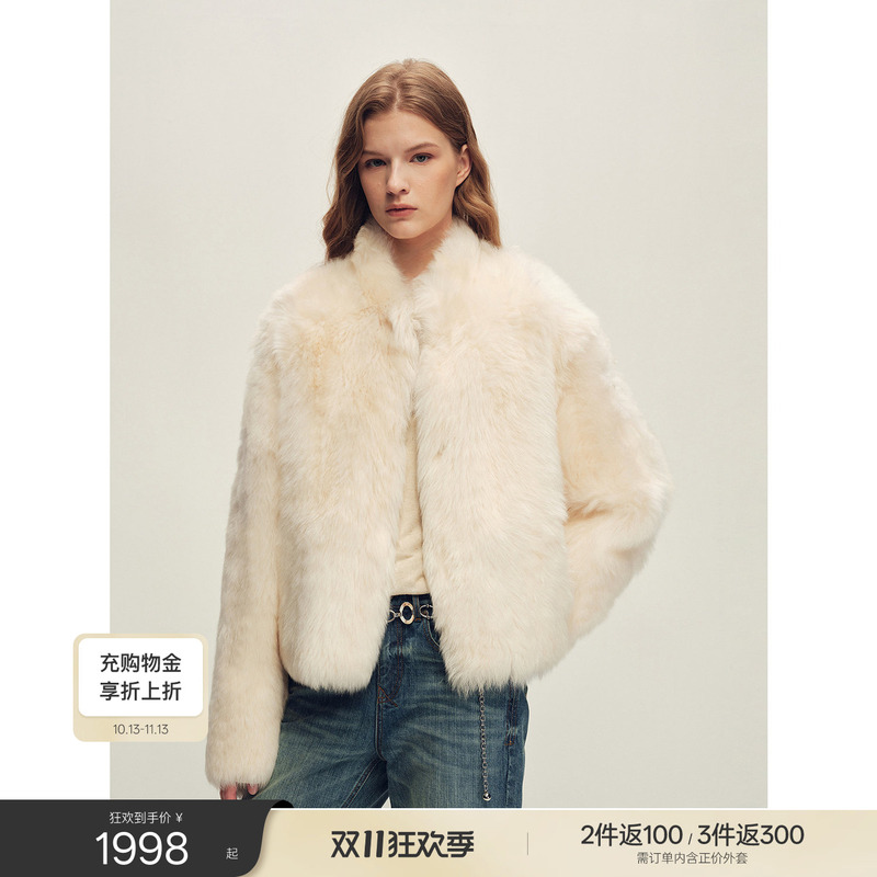 Fu Zhen, Italian Imported Tuscany Straight Fur One-Piece Stand-Up Collar Drop-Shoulder Short Fur Coat for Women