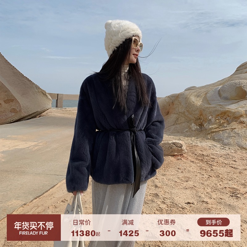 Fu Zhi'en First Ferret Imported mink fur female whole mink V neck simple fashion tie mink coat winter