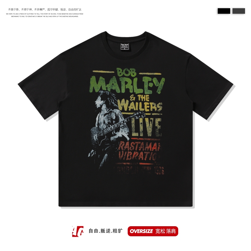 Hip-Hop Boyfriend Style Loose Fit Drop Shoulder Student Pure Cotton Trendy Brand Short Sleeve T-Shirt Oversize Half Sleeve Reggae Bob Marley