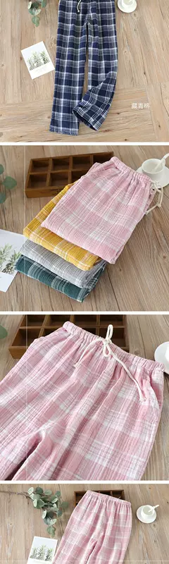 Đồ ngủ kẻ sọc Nhật Bản của phụ nữ cotton gạc mùa xuân và mùa hè mỏng wash crepe quần ở nhà có thể mặc bên ngoài kích thước lớn - Quần tây