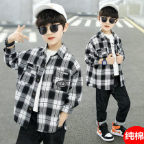 Boy shirt 2022 Spring loaded with new children CUHK Pure Cotton Plaid Shirt Tide Handsome and thin Fried Street Long Sleeves