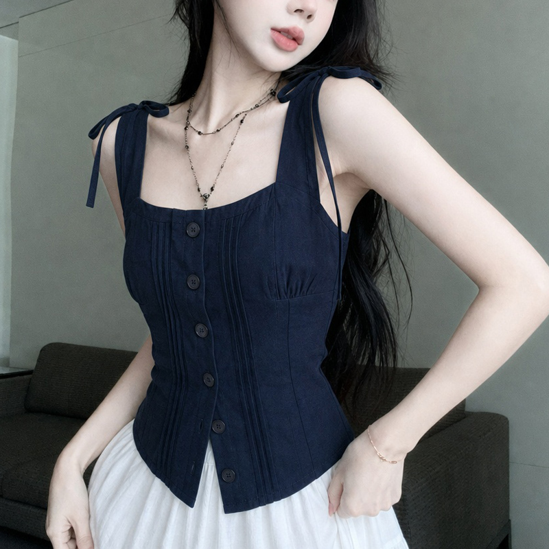 Navy Blue Lace-Up Camisole for Women, Summer New Style, Versatile, Single-Breasted, Sleeveless Top, Trendy Navy Blue Lace-Up Camisole for Women, Summer New Style, Versatile, Single-Breasted, Sleeveless Top, Trendy