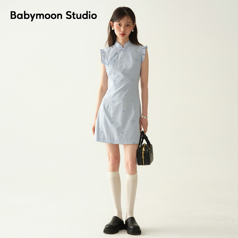 Babymoon New Chinese-Style Improved Cheongsam Slim-Fit Dress New Striped Embroidered Dress Women's Summer Short Skirt