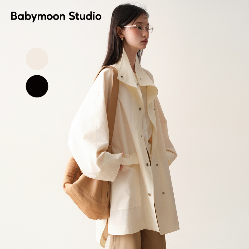 Babymoon Batwing Sleeve Side Slit Stand Collar Mid-Length Trench Coat for Women New Loose High-End Autumn Jacket