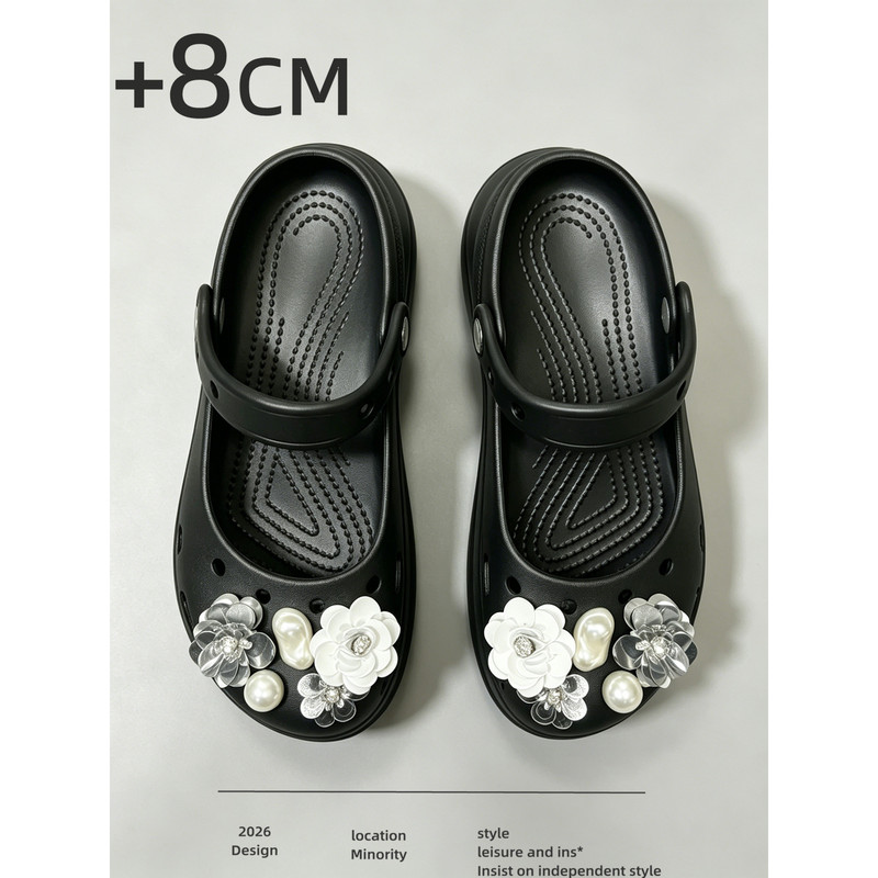 8.5cm Height-Increasing Casual Style Flower-Decorated Closed-Toe Slippers for Women, Thick-Soled Non-Slip Slip-On Sandals for Girls