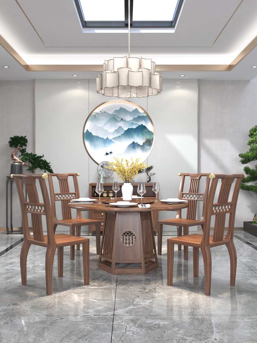 New Chinese electric dining table solid wood with turntable large round table dining table and chairs Combined modern hotel clubhouse furniture custom-made-Taobao