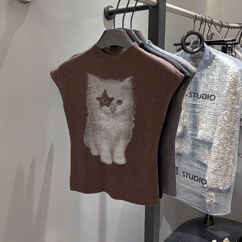 Yuanman [American-Style Star Glasses Cat Half-High Collar Knit Top Early Autumn Slim Fit Elegant Top 219 #