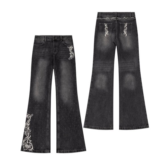 Huihang'Washed Rose Embroidery with Rhinestones' Heavy Craft Distressed Flared Slim Fit High-Waisted Jeans Huihang'Washed Rose Embroidery with Rhinestones' Heavy Craft Distressed Flared Slim Fit High-Waisted Jeans
