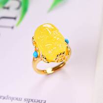 Natural amber Pixiu ring chicken fat yellow beeswax hand jewelry S925 sterling silver gold-plated ring live adjustable hand jewelry