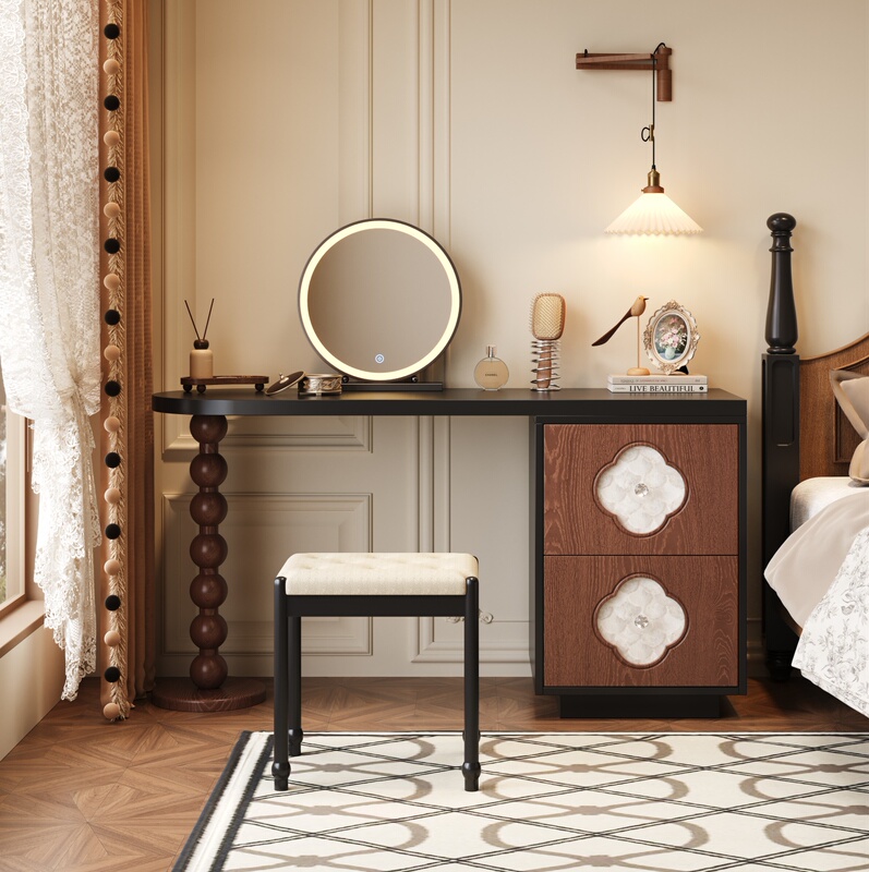 French-Style Vintage Dressing Table for Small Bedrooms, Solid Wood Dressing Table with Integrated Drawers, Small Makeup Table
