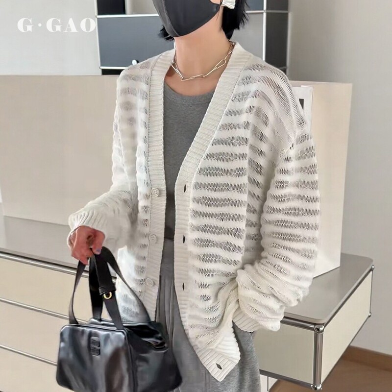 Ggao Poetryland Women's Clothing 25126 Spring 26 New Hollow Knit Cardigan Striped Sun Protection Loose Fit C01
