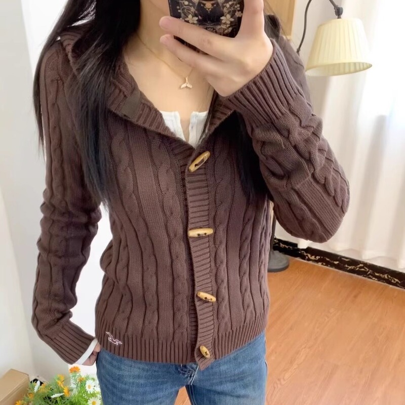 Xiaobing LAOSHU ~ Little Seagull Duffle Coat Hooded Sweater Jacket Cotton Blend Twist Slim Knitwear