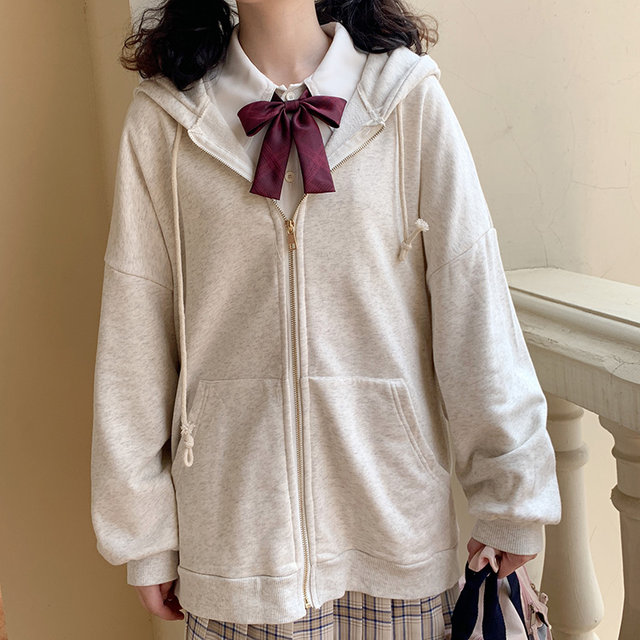 Jiangguo homemade Japanese style spring college style loose and slim zipper long casual JK sweatshirt cardigan hooded jacket