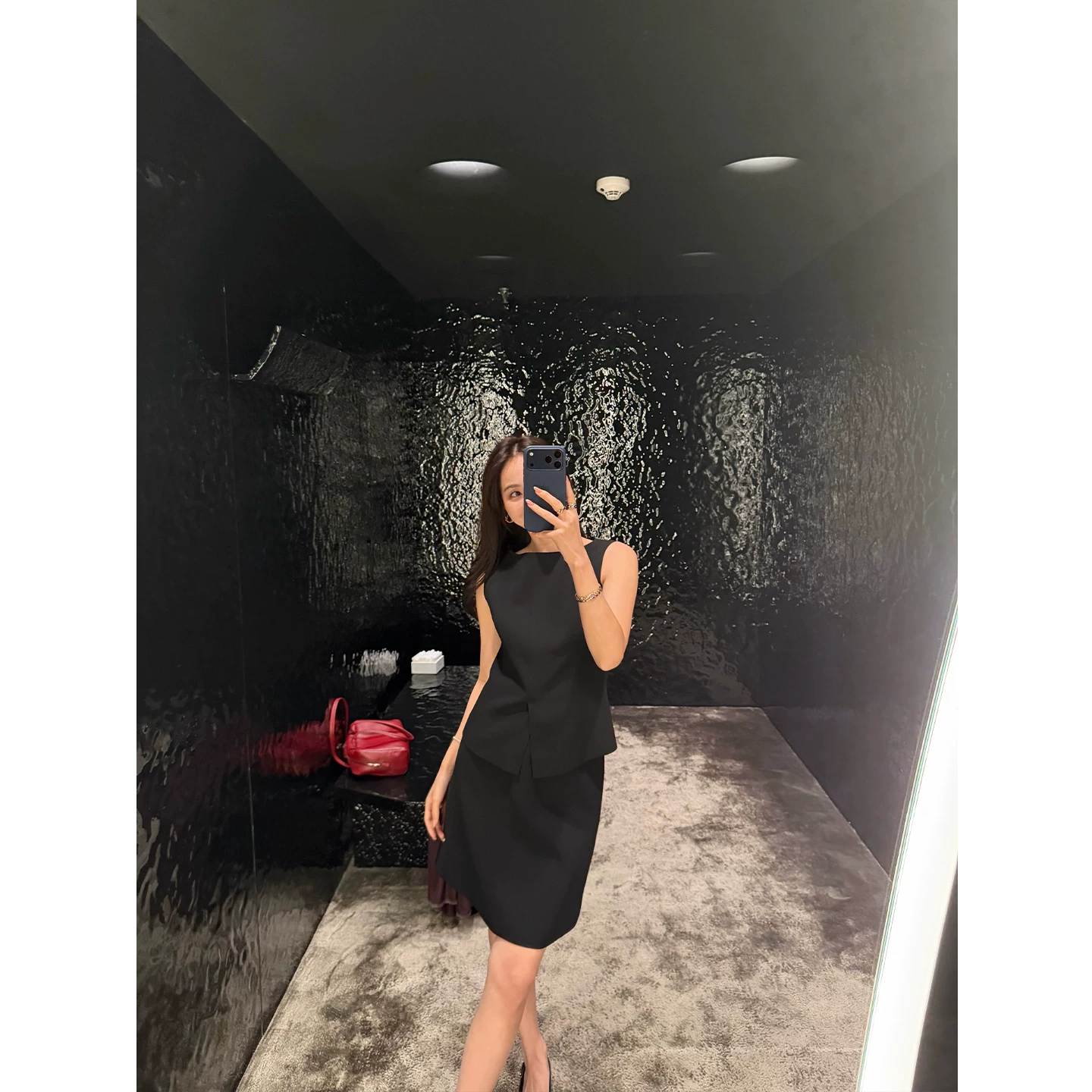 T-shirt sleevless, skirt, trousers, set, loose straight fit, 3 piece set