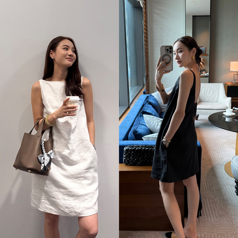 Reliable Keep Kapu 【French Elegance】 Linen Backless U-Neck Black Spaghetti Strap Dress for Women