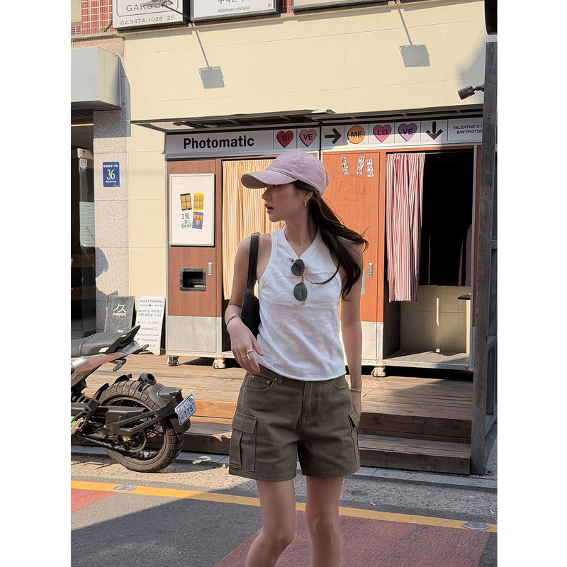 Reliable Keep Kapu Workwear Family Pure Cotton Washed Large Pocket Work Shorts Loose Denim Shorts for Women