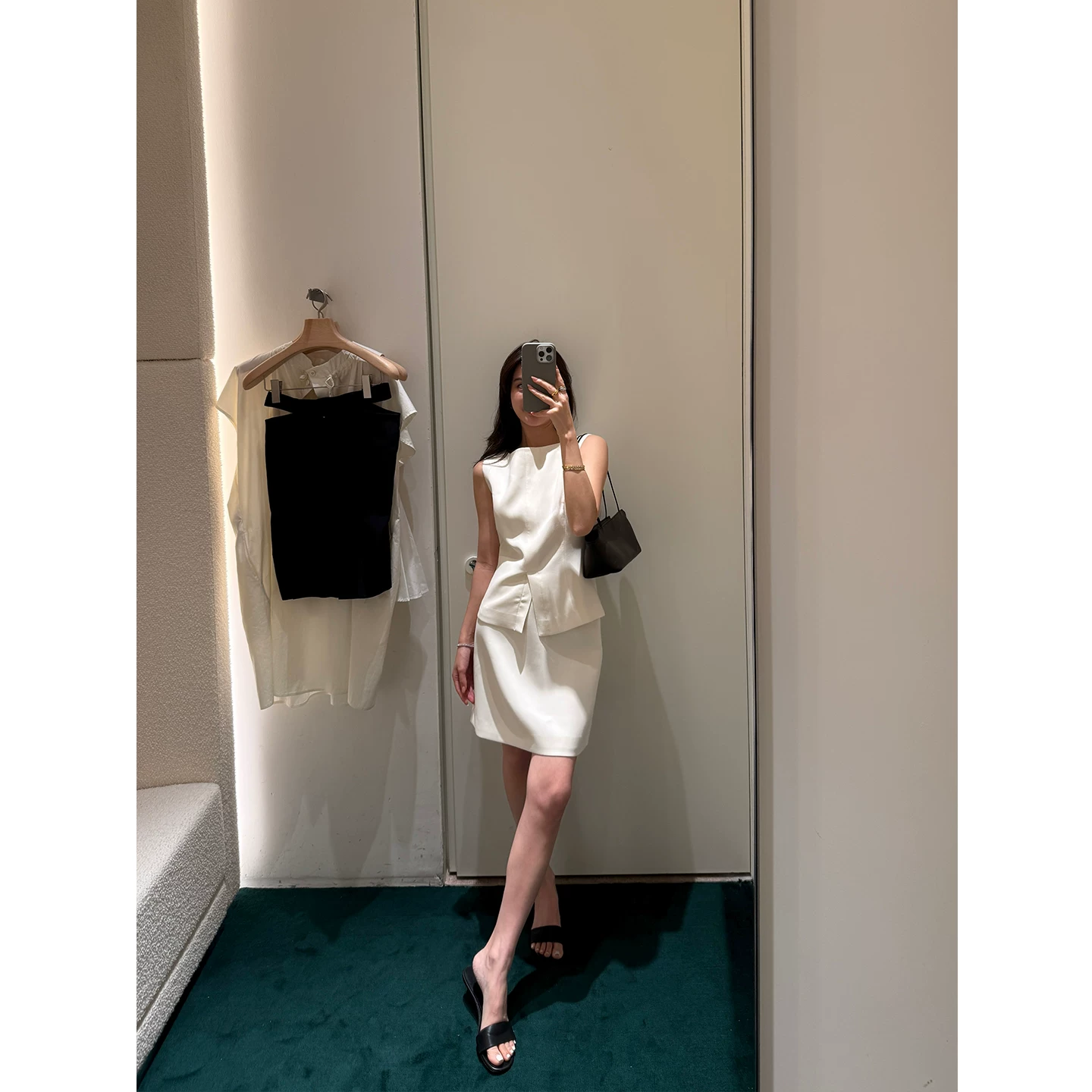 T-shirt sleevless, skirt, trousers, set, loose straight fit, 3 piece set